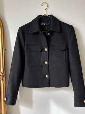 ZARA Cropped Structured Wool Jacket Black Gold Buttons | Chic Minimalist Blazer